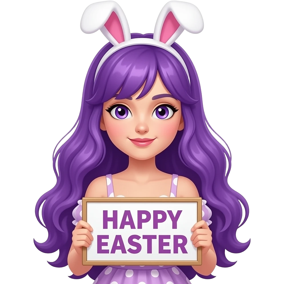 sexy girl with long purple hair and purple eyes wearing a easter dress holding a HAPPY EASTER sign emoji
