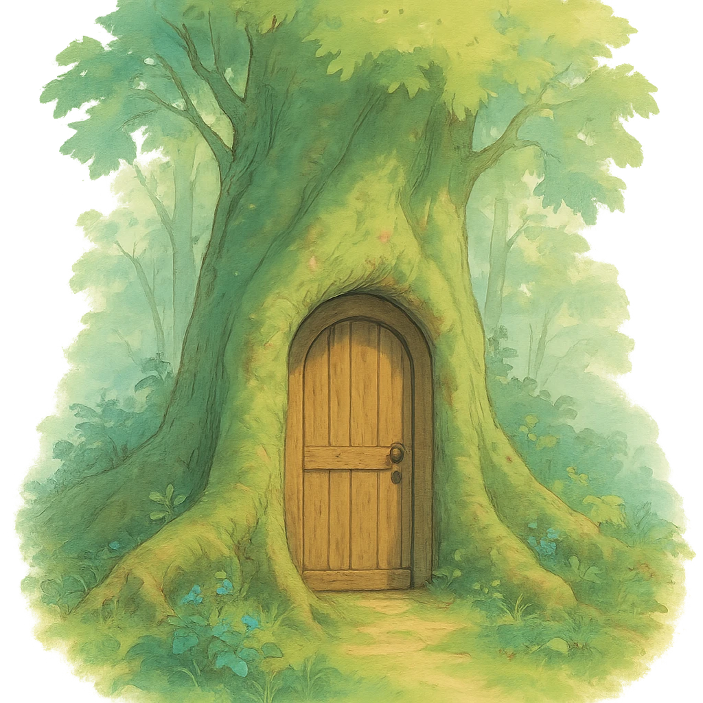 wooden door embedded in a tree, secret forest hideout vibe, soft pastel colors, ghibli style emoji