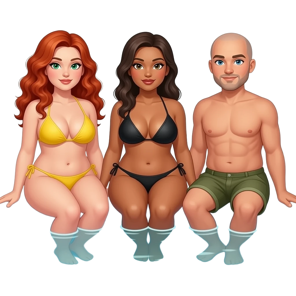 2 very curvy women with very large breasts, 1 redhead with long curly hair, green eyes in a yellow bikini, 1 brunette with black bikini,  and 1 man bald with light goatee, sitting  in a hot tub emoji