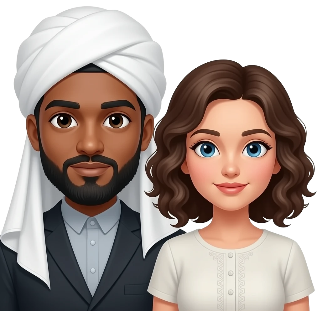 Black, bald, Muslim man NO mustache, ONLY bearded with white brown curly haired female emoji