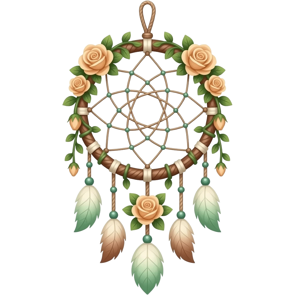 Cute dainty neat Pastel Green-white-brownish-beige-gradients thread-rope-hanging dreamcatcher, pastel colors, whitish, light, green academia aesthetic, mossy, with green vines and beige roses emoji