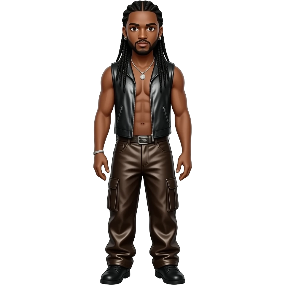 Omarion with long black braided hair, dark metallic vest, dark brown metallic baggy pants, silver necklace and earrings emoji