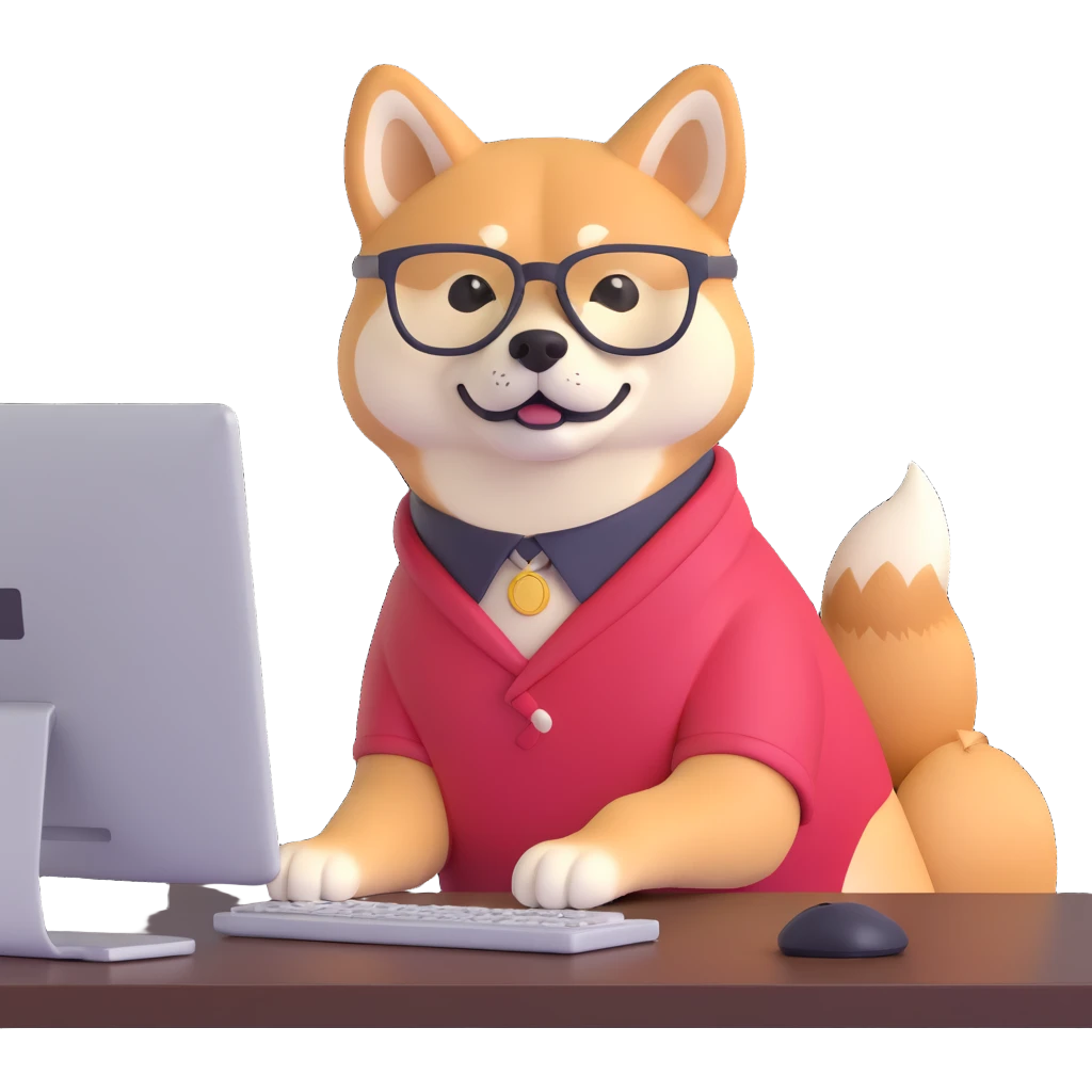 shiba inu with eye glasses and computer emoji