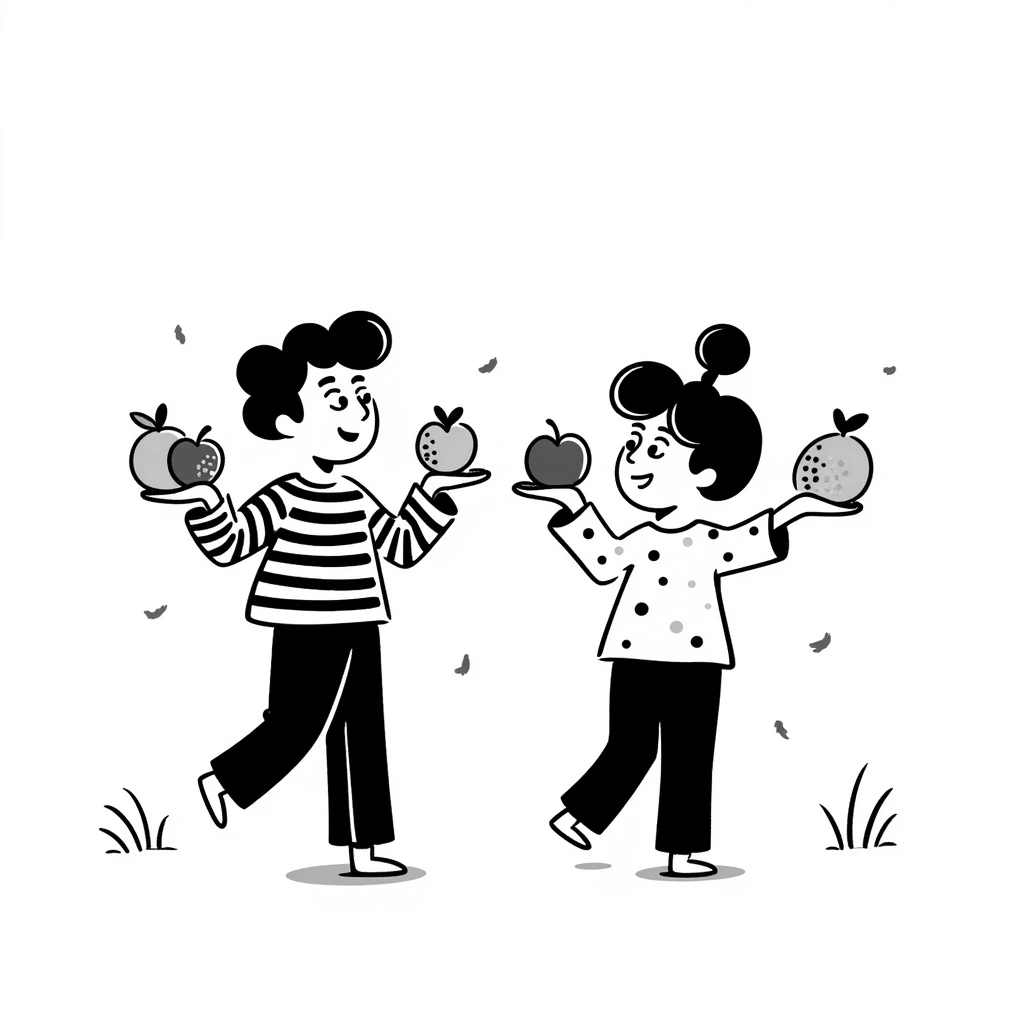 healthy boys and girls running around playing with some eating fruit emoji