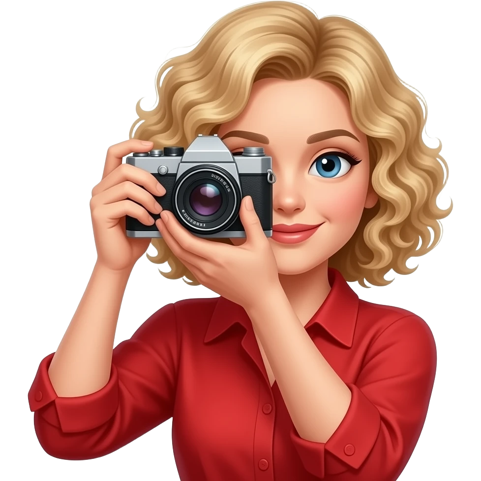 blonde tight curly hair in a short bob taking a photo with 1800 camera in a red blouse emoji