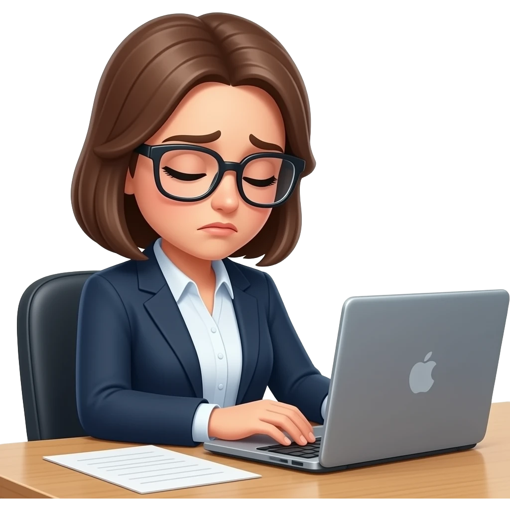 Mujer profesional,con anteojos, con laptop,reposada,cansada,exausta, en su escritorio emoji