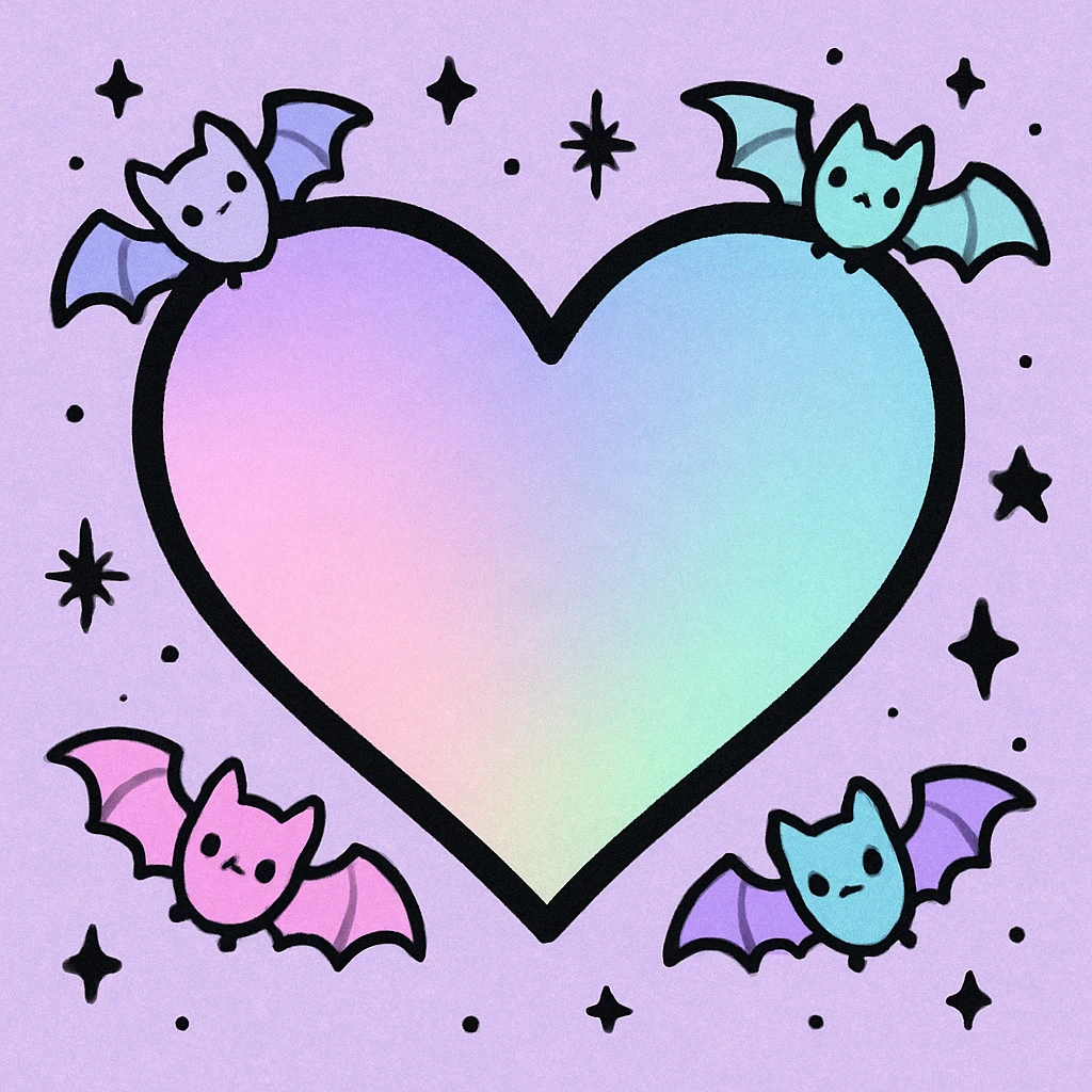 pastel goth heart with pastel bats and black stars emoji