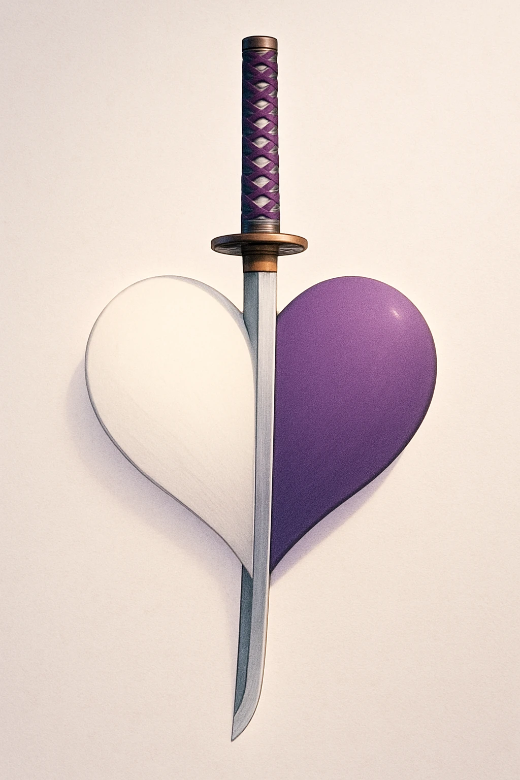 An elegant katana vertically piercing through the center of a stylized heart, left side of the heart white, right side purple, very aesthetic rendering, refined finishes, modern illustration style, soft light effect. emoji