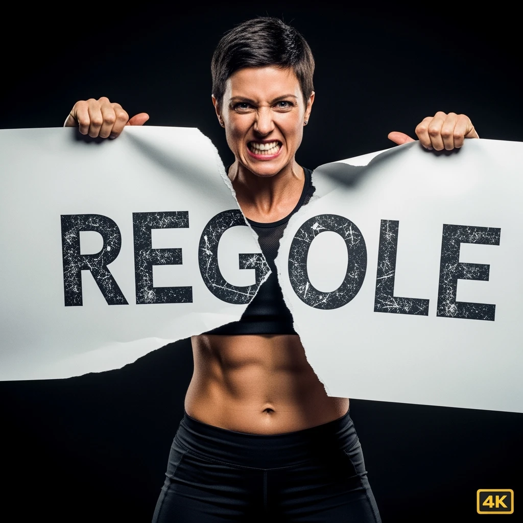 DONNA FITNESS CHE STRAPPA UN FOGLIO CON LA SCRITTA "REGOLE", IPERREALISTICA 4K, SENZA SFONDO emoji