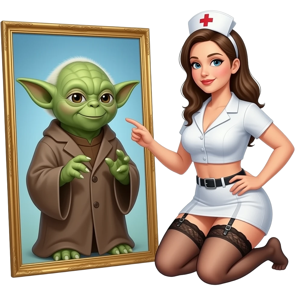Yoda with a large breasted nurse, topless,open mouth  wearing garter belt, kneeling in front of yoda emoji