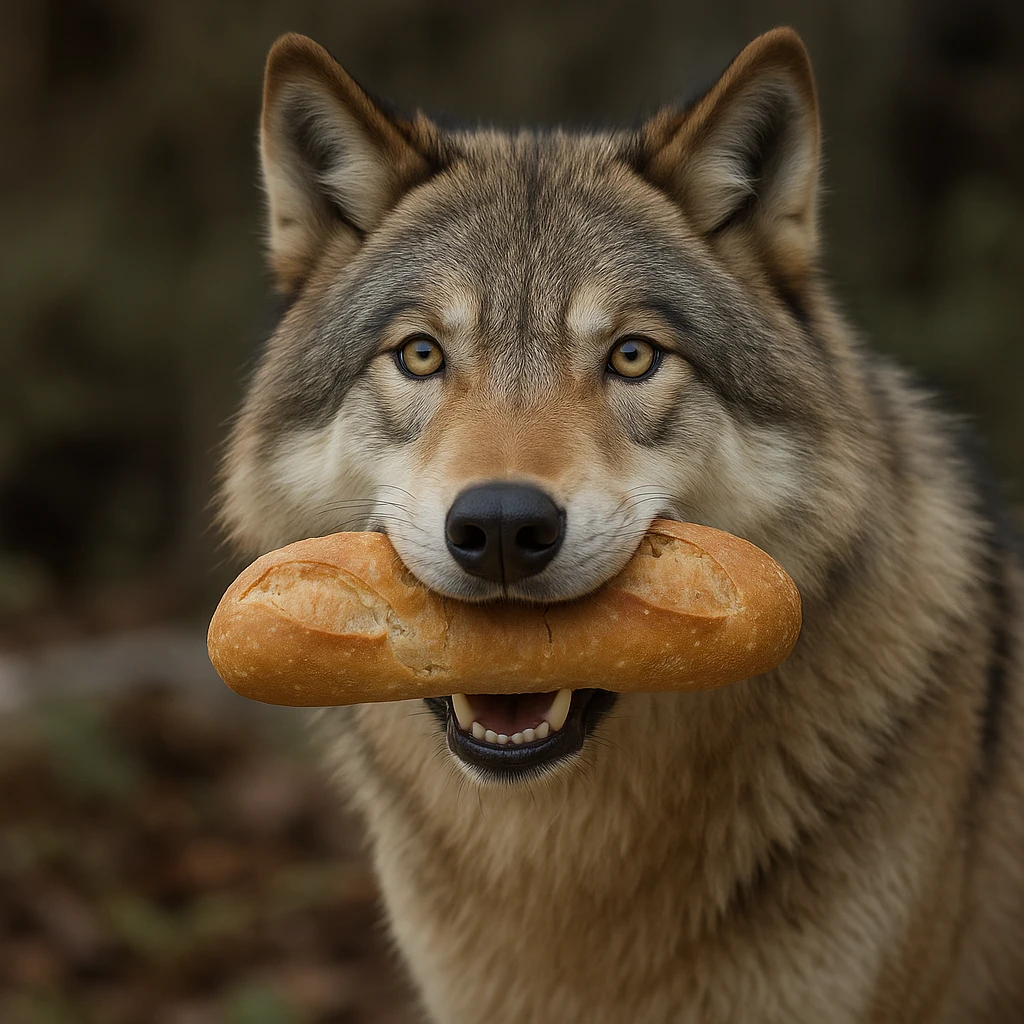 Replace the sushi roll in the wolf's mouth with a realistic bread roll, keeping the original background as in the reference image. emoji