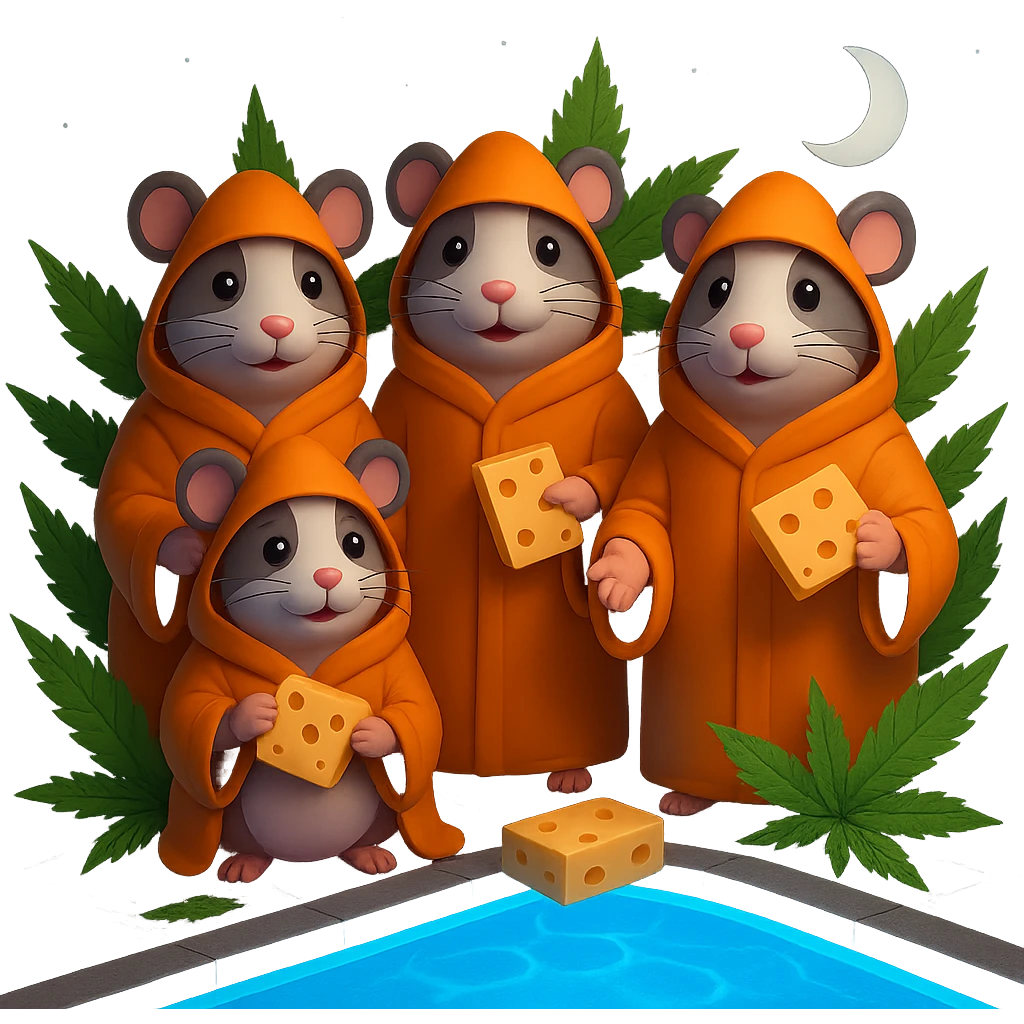 Make the scene night time with a dark sky, glowing pool lights, and moonlight. Keep the 3D emoji style and cult weed cheese pool party theme. Preserve transparency if present. Render in 3D emoji style. emoji