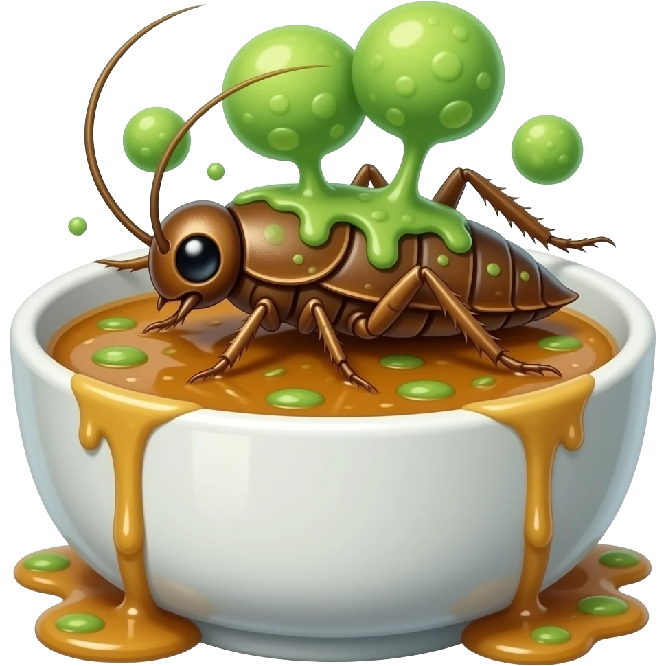 moldy rotten soup. molds should be green and cartoonish. there will be a cockroach on it. no face emoji