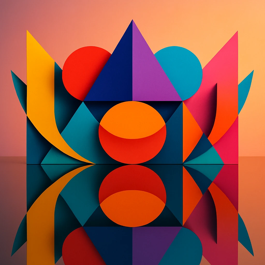 abstract geometric shapes with reflection, vibrant colors, mirrored symmetry, modern art style emoji