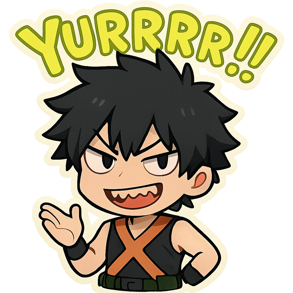 Create a chibi style illustration of Bakugou Katsuki with black hair and a mischievous toothy grin. Include the word 'Yurrrr!!' in neon lime green text above him, vibrant and playful in style. emoji