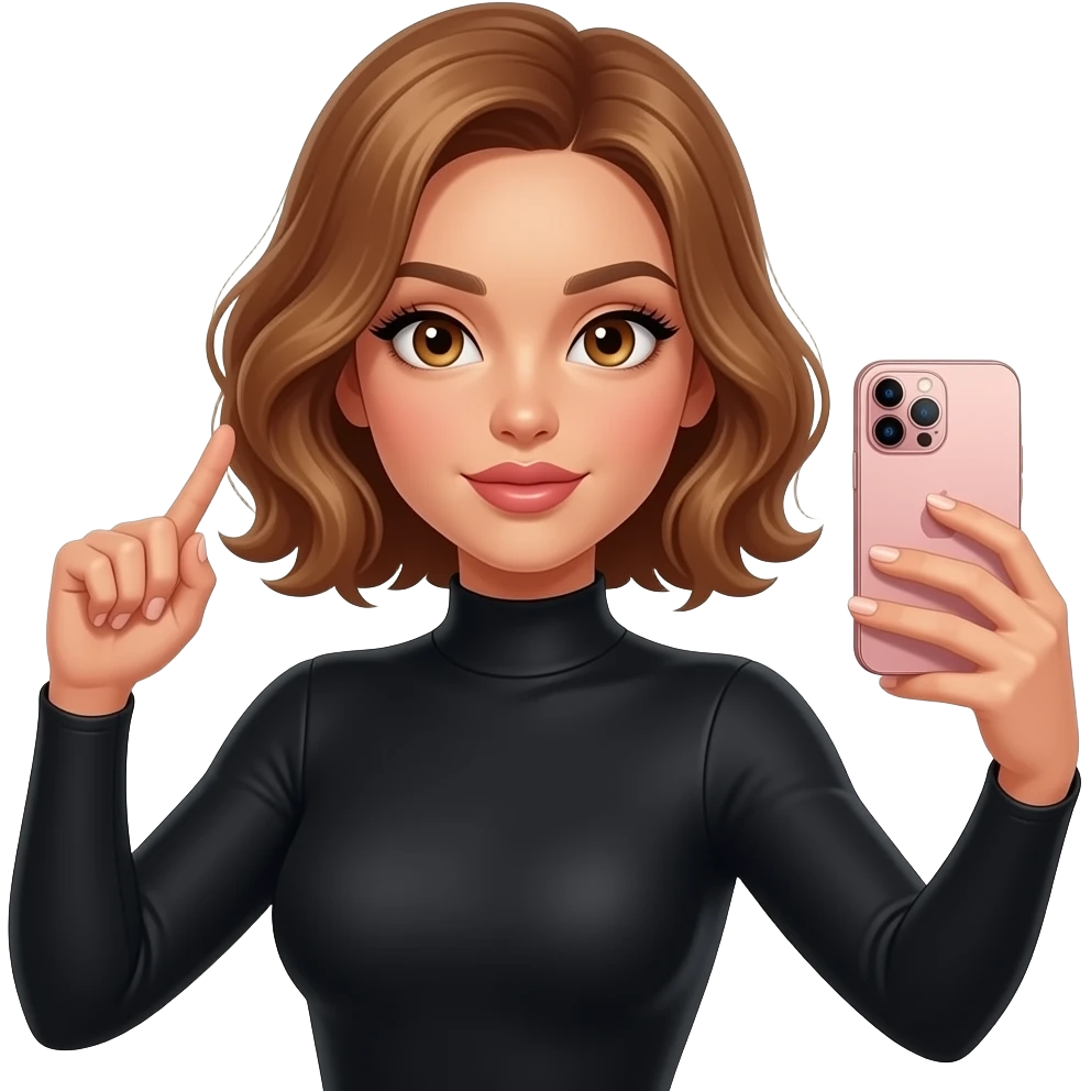 glamours,-tanned,-very-beautiful-girl,-with-big-pump-peach-beige-rose-lips,-long-long-lashes,-honey-silky-very short- hair,-wavy-hair,-hazel-eyes-in-black-long-sleeves-bodysuit- taking a selfie with her rose gold iPhone 16promax emoji