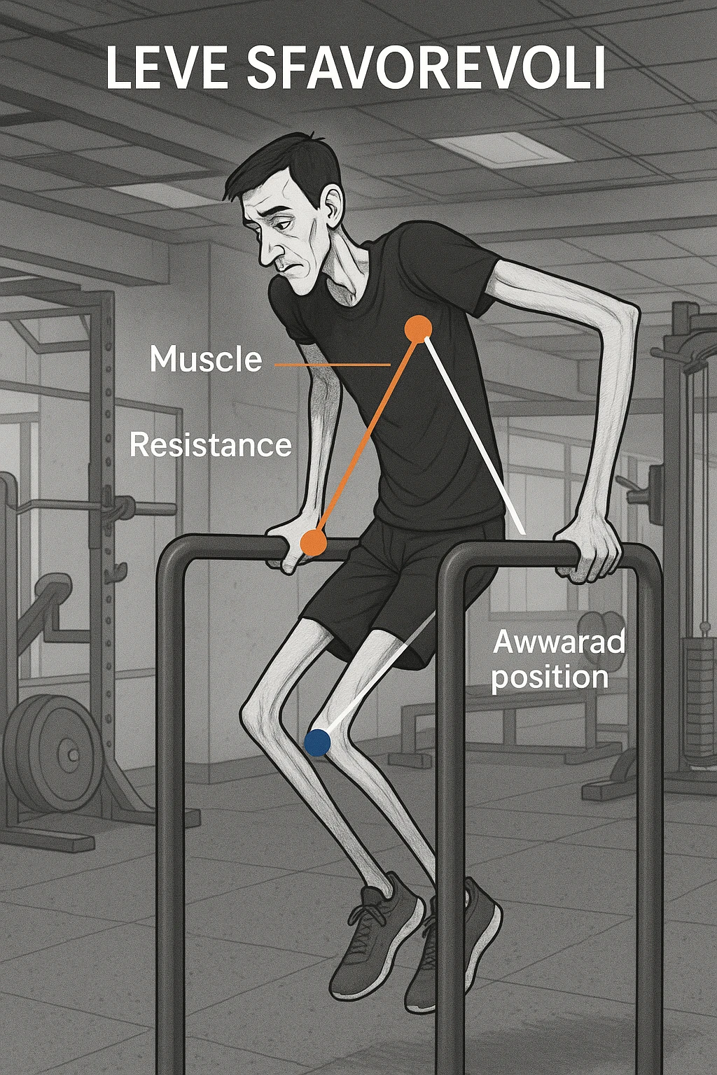 a tall, lean man with very long arms and a short torso attempts a dip on parallel bars. His elbows are deeply bent and his body appears awkwardly positioned, highlighting the mechanical disadvantage. An overlay shows anatomical lines and angles, with labels explaining “Leve Sfavorevoli” The background is a modern gym, with a focus on biomechanics. emoji
