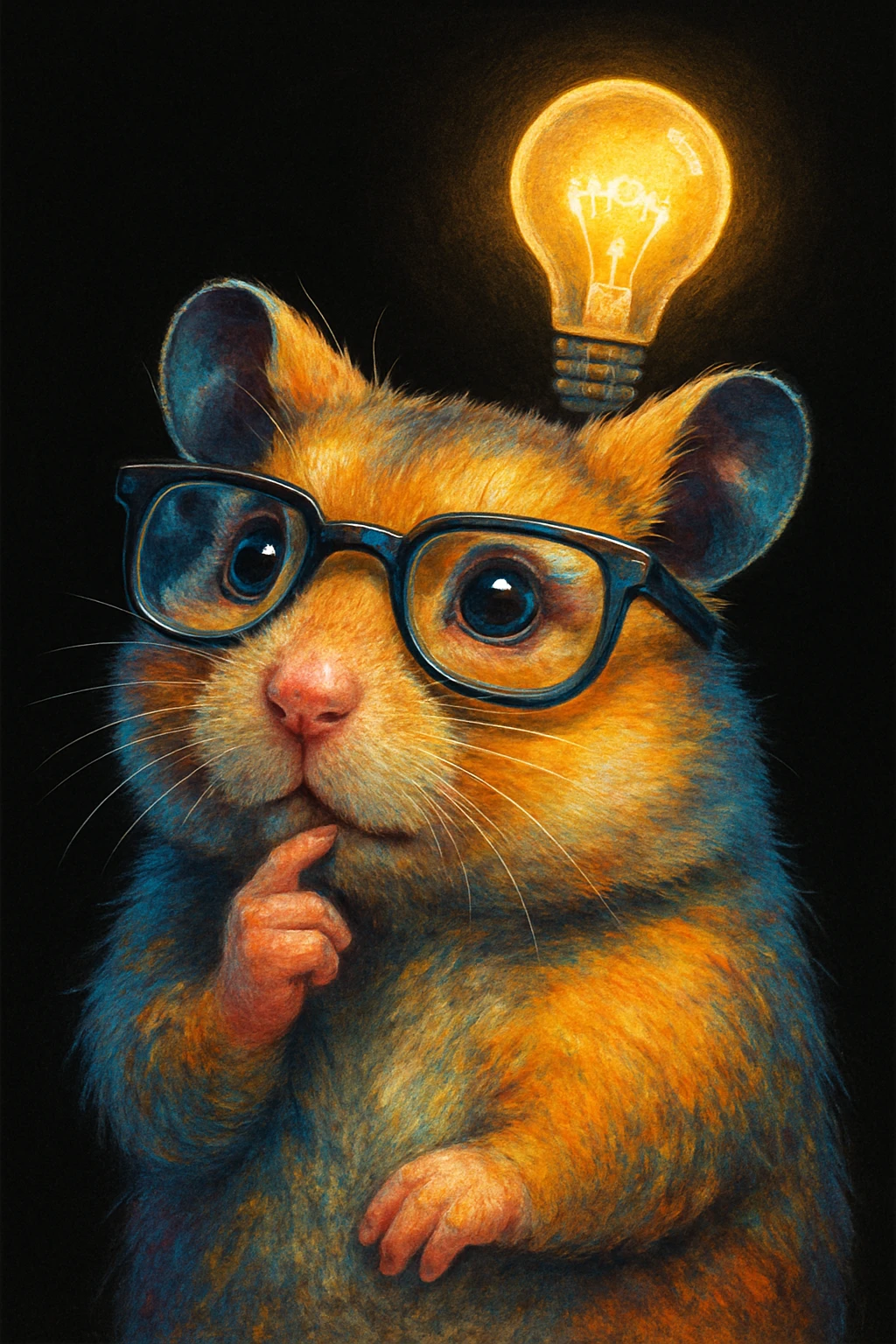 a unique, colorful, modern, highly realistic hamster wearing cool glasses, thinking about an idea with a lightbulb above its head, illustrated in Procreate on an iPad, solid black background, not kiddish emoji