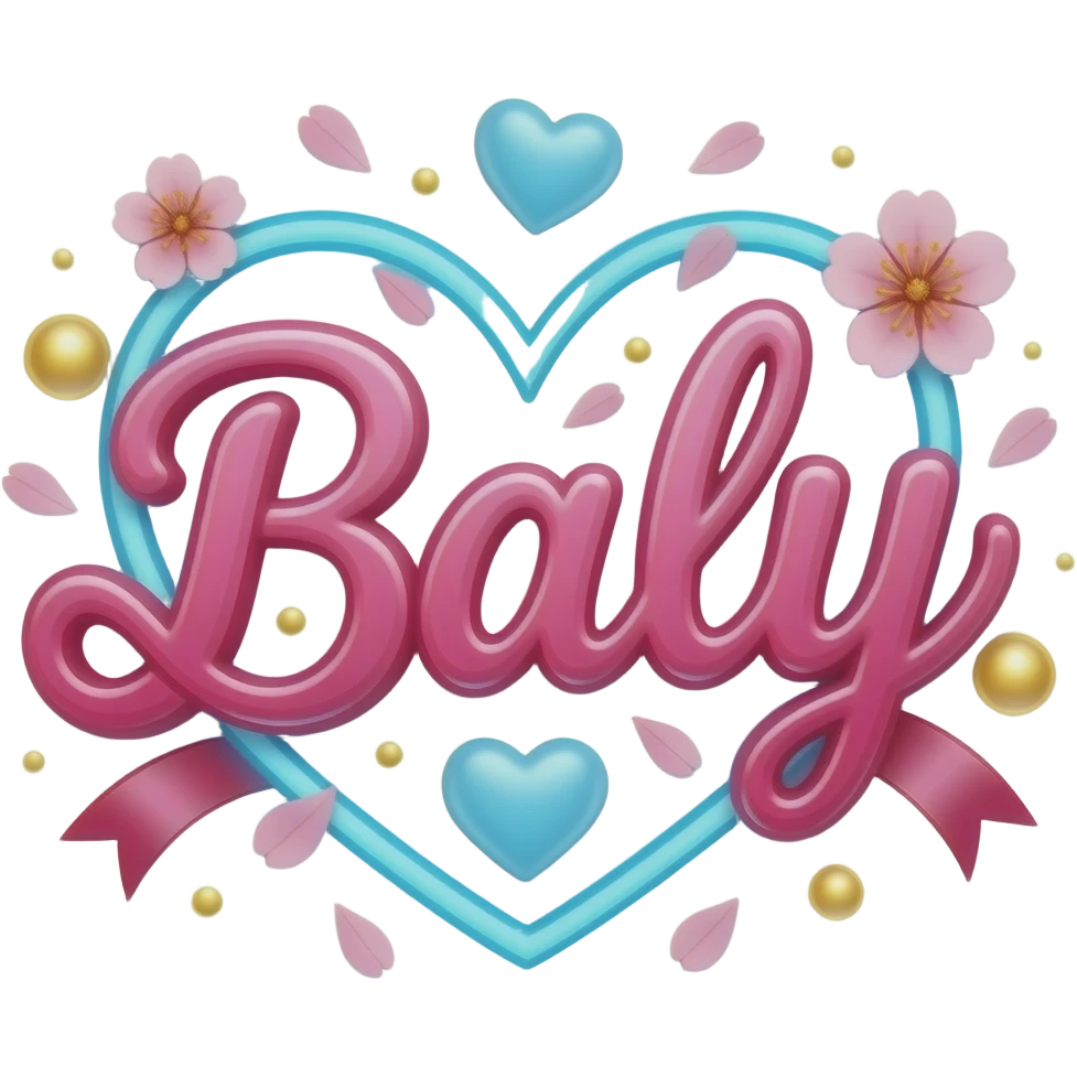 A sleek, hot pink text 'Baly' adorned with satin ribbons and glowing neon-blue hearts. Surrounded by floating cherry blossom petals and golden bokeh. Vibrant, modern, and feminine with a cinematic glow emoji