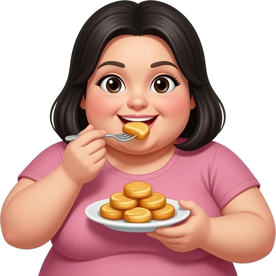 mujer muy gorda con pelo negro y comiendo emoji