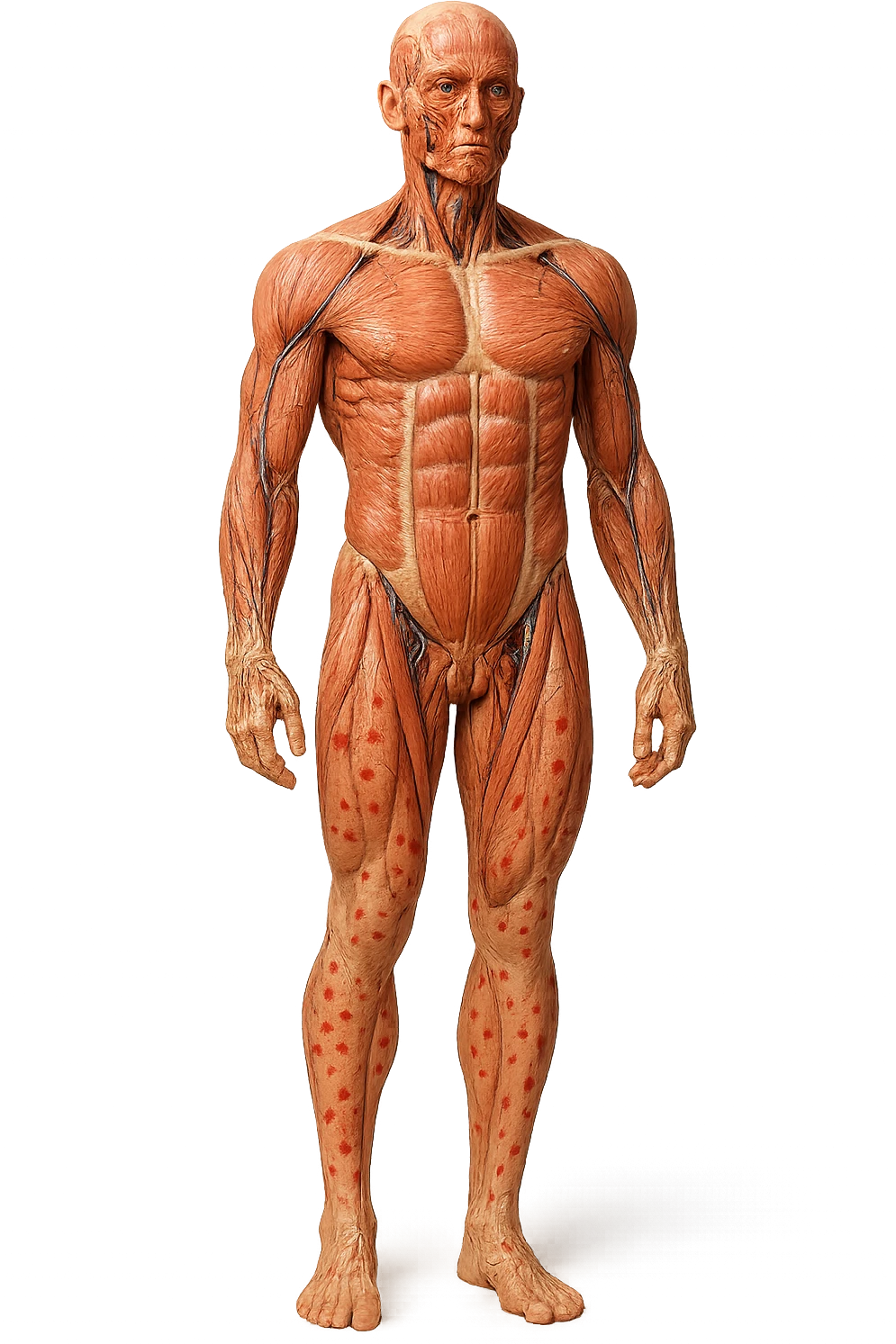 corpo umano anatomico a figura intera con red spot sparsi sulle gambe, iperrealistica in 3d emoji