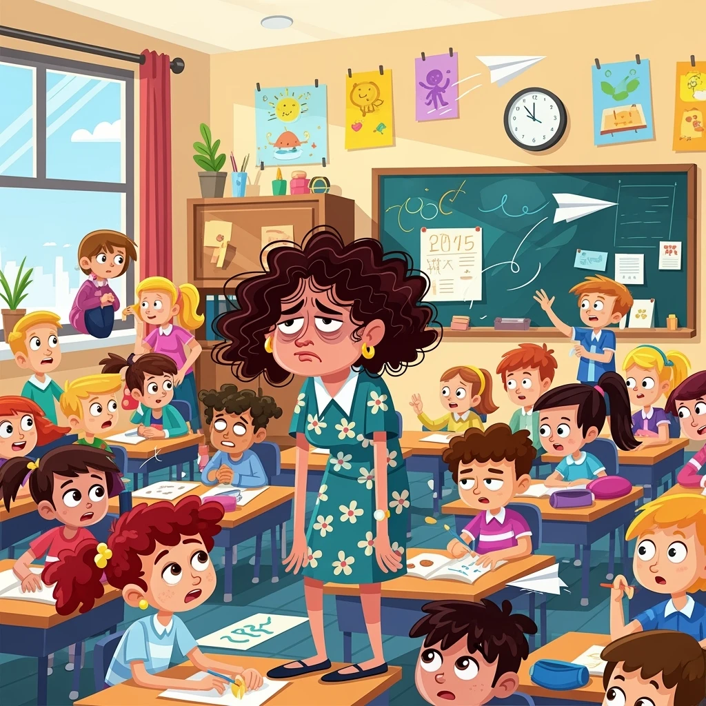 vector cartoon art of a exhausted teacher in a bustling classroom emoji