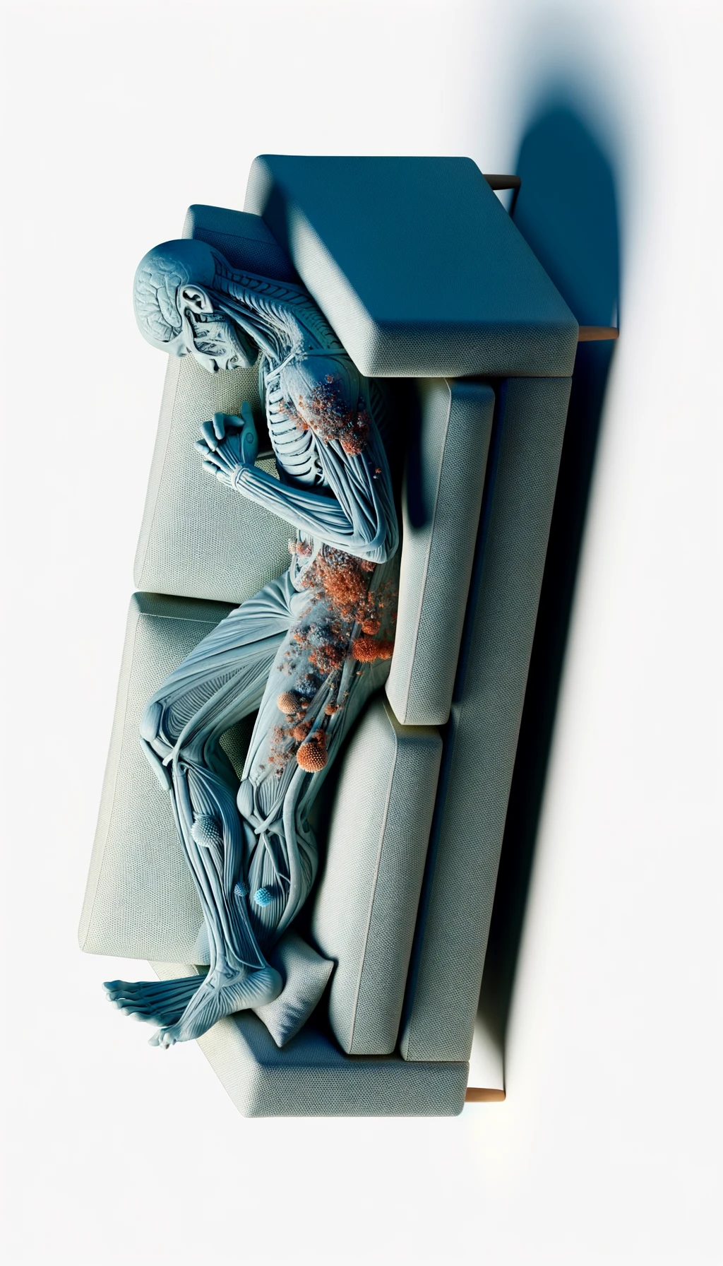 corpo umano anatomico che dorme sul divano, iperrealistico 4k, isolato su sfondo bianco emoji