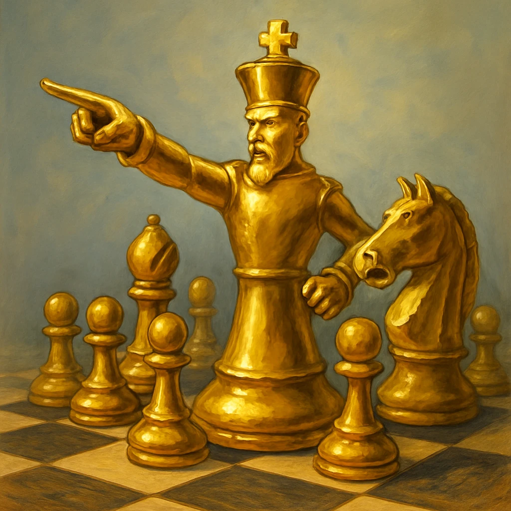 В cлегка рисованной, но при этом объемной, яркой и фотореалистичный стилистике сгенерируй картинку где по центру стоит шахматный король сделанный из качественного золота, он указывает пальцем в даль как военноначальник, а рядом фигуры пешек, конь, ладья, слон идут в атаку, на полу виднеется шахматная доска, фон позади фигур однотонный emoji