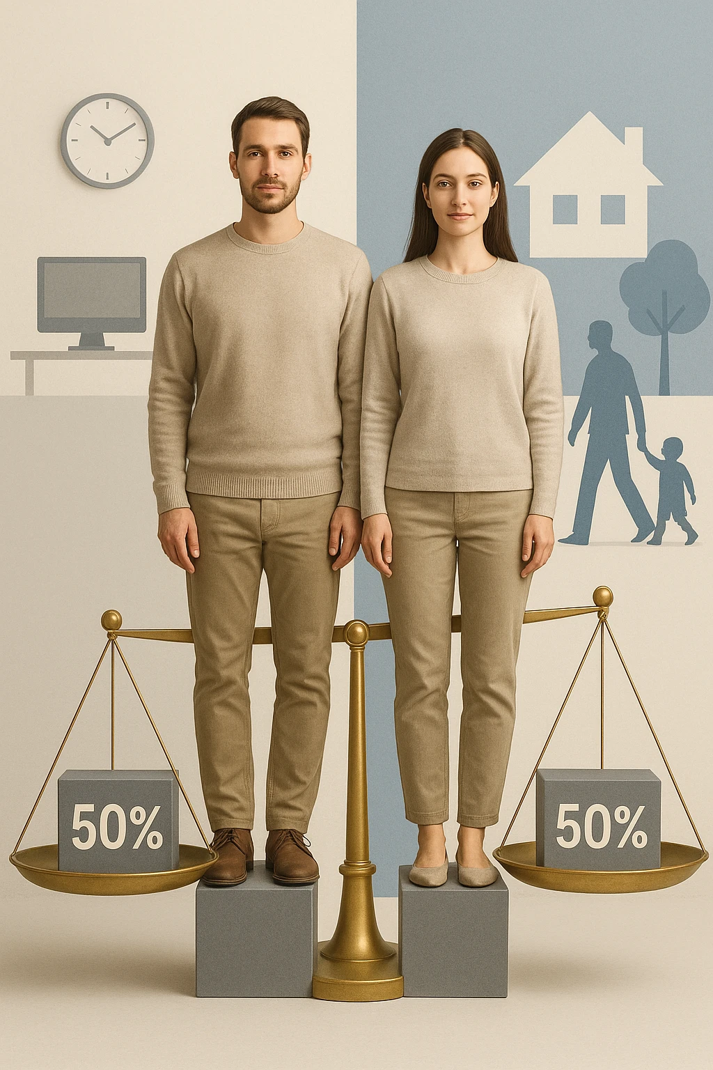 Uomo e donna in piedi l’uno accanto all’altra, al centro di una bilancia perfettamente in equilibrio. Entrambi vestiti in modo simile (moderno e neutro), con espressioni serene e rispettose. Sotto i loro piedi, due blocchi con scritto '50%' ciascuno. Sullo sfondo, elementi divisi simmetricamente: lavoro, famiglia, tempo libero, rappresentati equamente da entrambi. Atmosfera armoniosa, illuminazione equilibrata, colori neutri e simbolici (bianco, grigio, blu e oro). Stile realistico con accento simbolico sul concetto di equità emoji