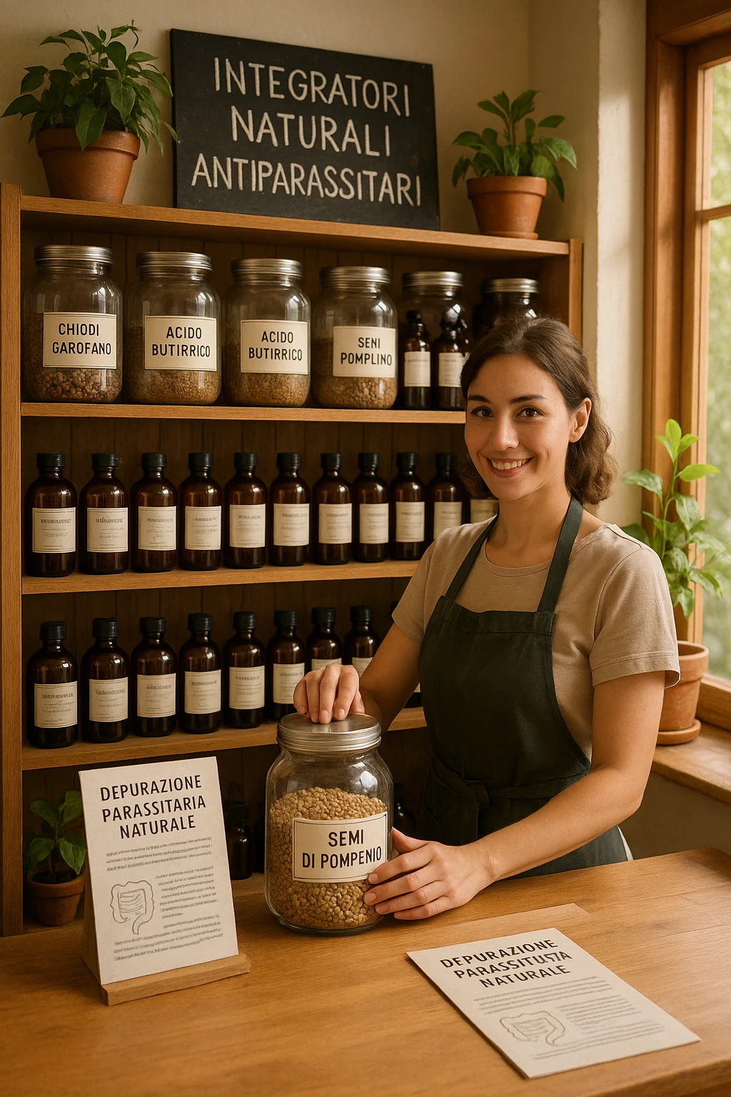 A realistic, well-lit herbal supplement store interior with wooden shelves neatly displaying glass jars and bottles labeled as ‘Chiodi di Garofano’, ‘Acido Butirrico’, and ‘Semi di Pompelmo’, organized in a clean and aesthetic manner. Small handwritten chalkboard signs indicate ‘Natural Antiparasitic Supplements’ above the section. The environment feels warm and trustworthy, with potted green plants adding freshness and a subtle sunlight entering through a window. A young shop assistant with a welcoming smile arranges the products, while informational leaflets about natural parasite cleansing are visible on a wooden counter, creating a holistic and health-conscious atmosphere in Italiano emoji