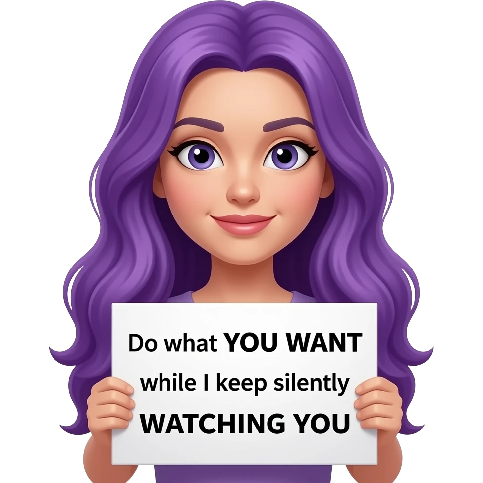 sexy girl with long purple hair holding a Do what YOU WANT while I keep silently WATCHING YOU sign emoji