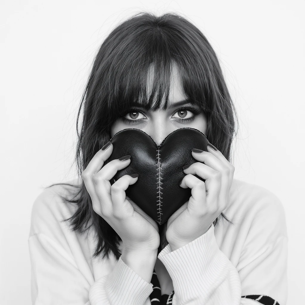 emo heart with a stitched patch, black and white dslr photography style emoji
