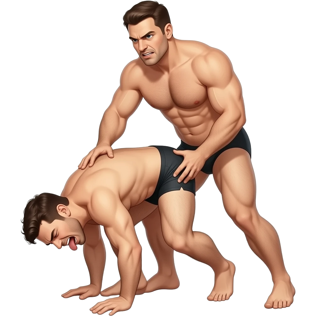 Naked hairy moaning man bending over, a stronger naked hairy angry man standing behind him hitting and fucking him emoji
