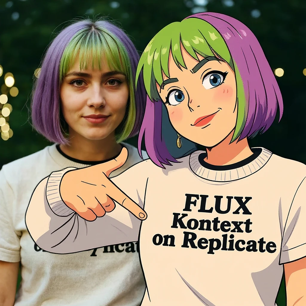 make a image of a girl with a anime version of that girl beside her wearing tshirt with text of FLUX Kontext emoji