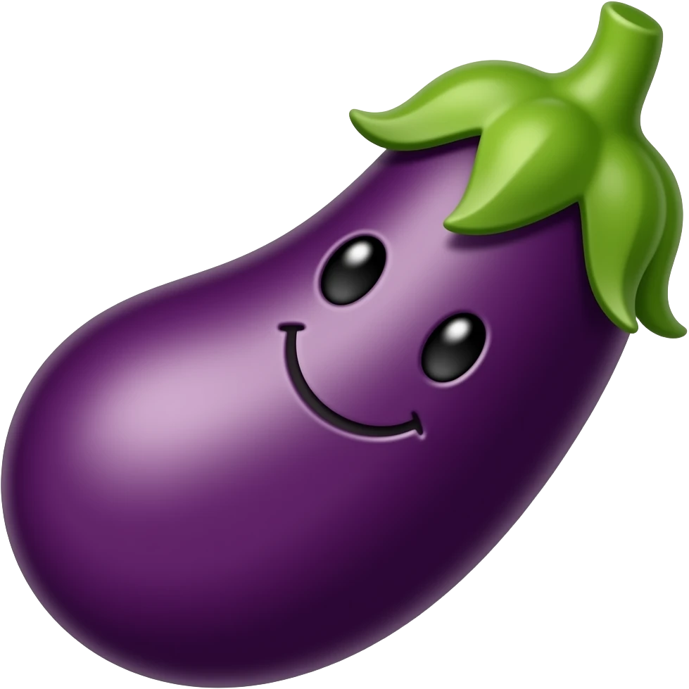 Custom iOS emoji with no blur and a white background. The topic of the emoji is "eggplant with happy face". It MUST maintain the general apple iOS emoji style. emoji