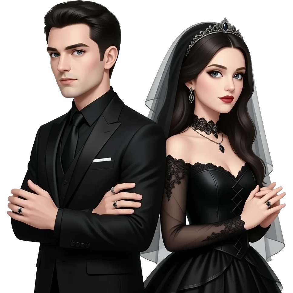 gothic couple married wearing rings standing with their backs against eachother wearing black wedding clothes emoji