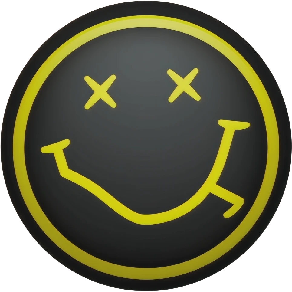 Nirvana logo face with the black face, The yellow mouth, yellow eyes and yellow circle emoji