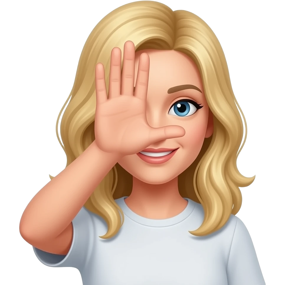 Woman with blonde hair holding their hand in front of their face making an L sign emoji