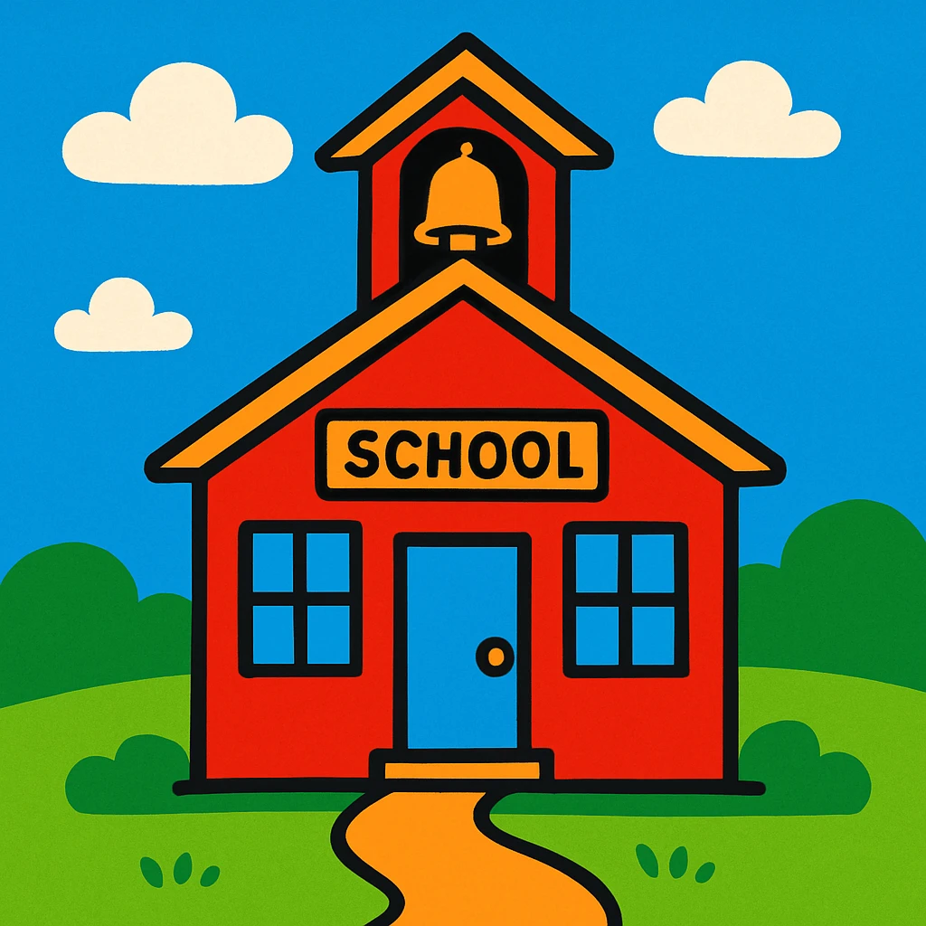 red schoolhouse with a bell, vibrant toon style emoji