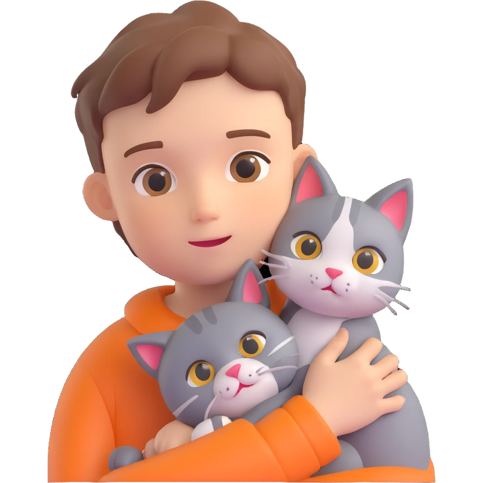 boy and cat pet in forrest background, close up pose emoji