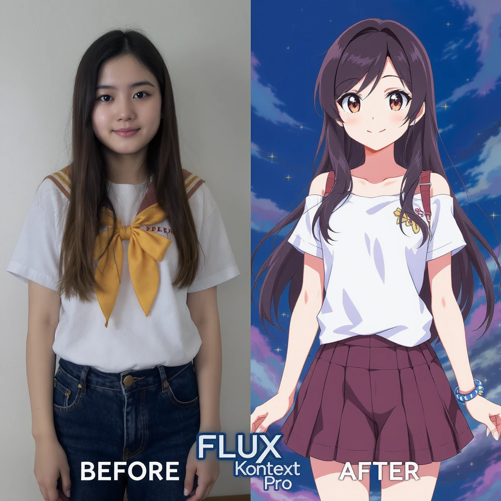 create before after image of a girl before is realsitic photo, after is anime version of her in same pose and clothes, add logo with text of a "FLUX Kontext Pro" emoji