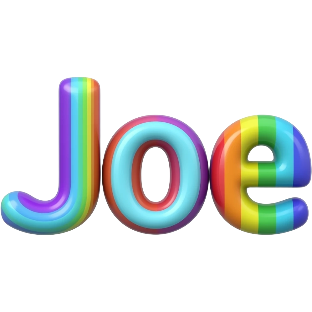 name "joe" in neon blue, 3D style typography lettering, each color of the rainbow as a border outlined around each letter, isolated, 3d rendering, no emoji icons no emoji faces and must have no human figures emoji