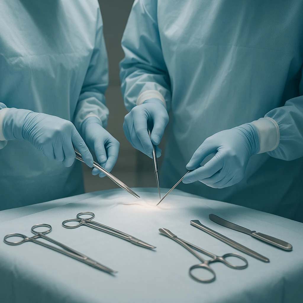 surgery medical operation scene, clean and professional, focus on surgical tools and hands, no gore, suitable for healthcare context emoji