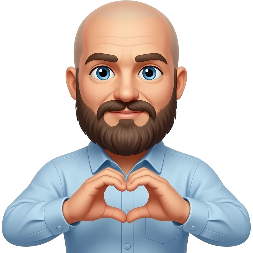Homme barbu sans cheveux, yeux bleus qui fait le signe coeur emoji