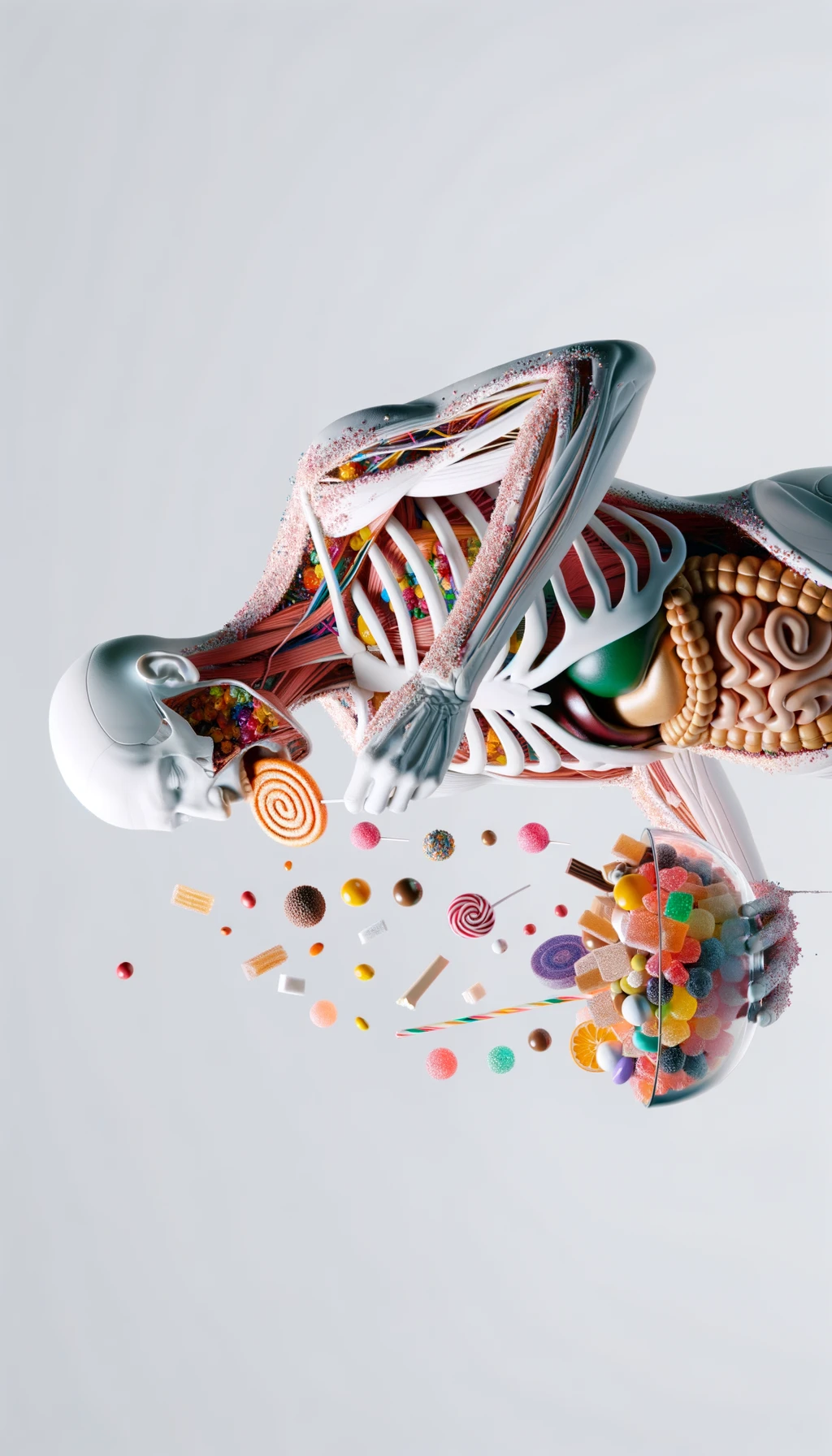 corpo umano anatomico in piedi a figura intera che si abbuffa di dolci e zuccheri, iperrealistico 4k, isolato su sfondo bianco emoji