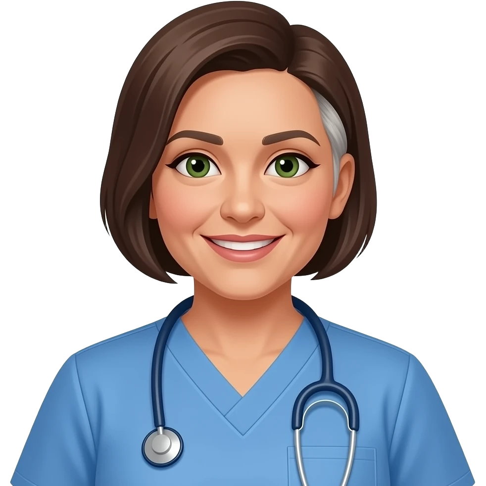 456yr female nurse instructor, dark green eyes, Hispanic, thin eyebrows, mid size lips, hair cut is short with one side shaved with the other short below the ear,, 180 pounds, smiling, small nose, wearing blue nurse scrubs, wears a stethoscope, brown hair with some white hair emoji