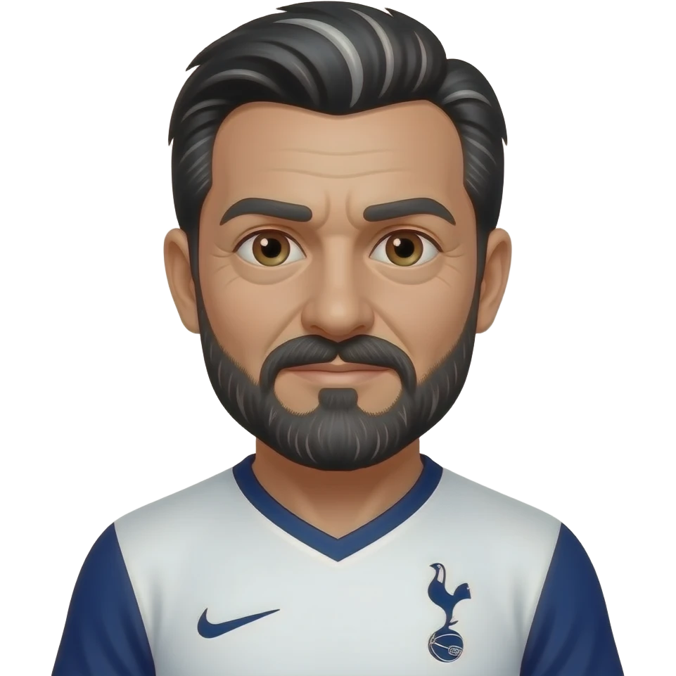 White man in his 50’s with black and white hair - more black than white. Also has a short black and white mustache and beard. Brown eyes. Wearing a Tottenham home jersey . emoji