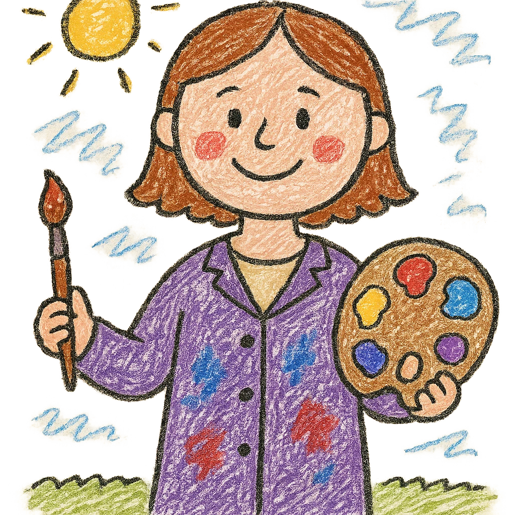Serene female oil painter, Caucasian features, shoulder-length auburn hair, soft brown eyes, gentle smile, wearing a violet painter’s smock lightly stained with paint over a beige blouse, holding a wooden palette with vibrant colors in one hand and a brush in the other, waist-up, front-facing emoji