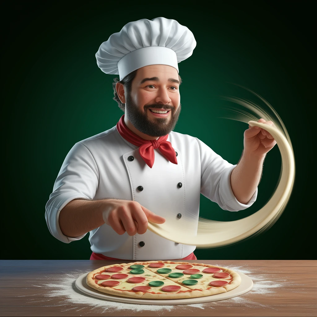 digital 2d art of smiling Italian chef spinning pizza dough emoji