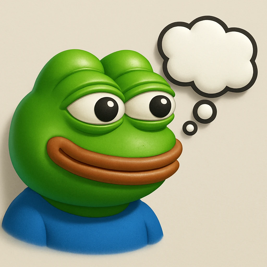 make a pepe in bright green smiling with thought bubble looking at right side in 3d style, good highlights and shadows, drop shadows emoji